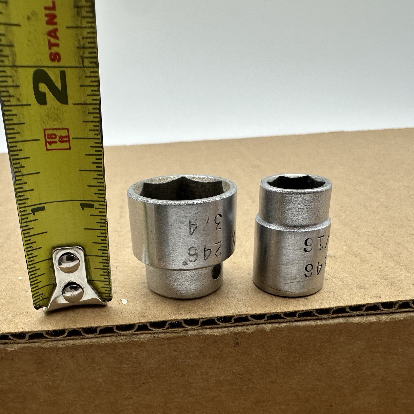 Lot 2 Vintage MAC 3/8″ Drive 6 Point Shallow Sockets USA X246 3/4 X146 7/16” VGC