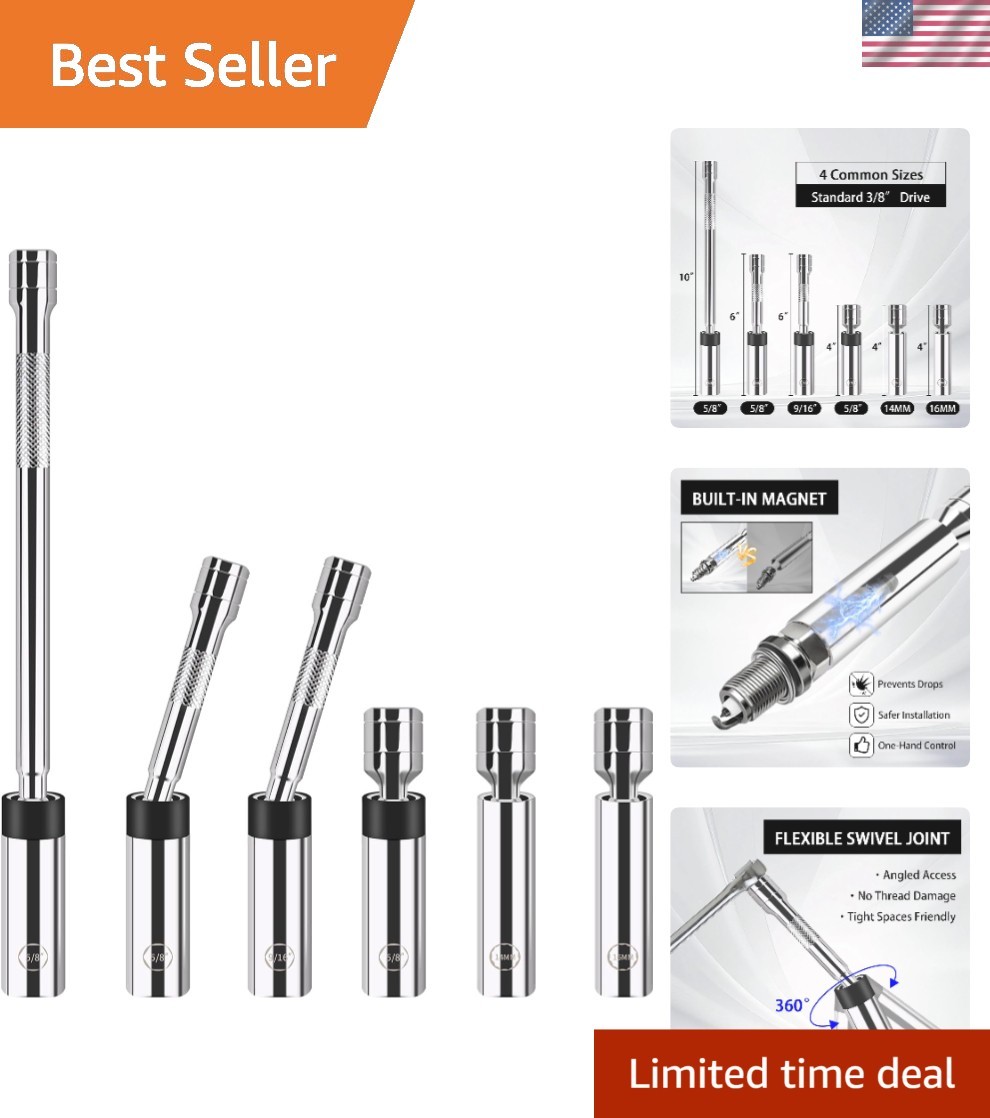 Professional 6-Piece Spark Plug Socket Set – 3/8-Inch Drive with Magnetic Grip