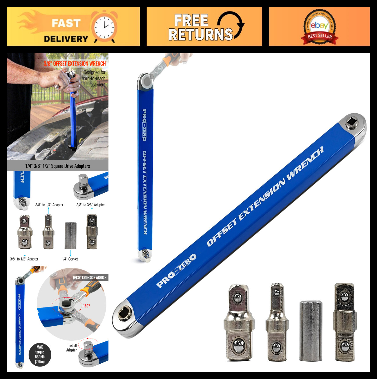 Offset Extension Wrench Set – Tight Reach 1/2″, 1/4″, 3/8″ Adapters, Universal T