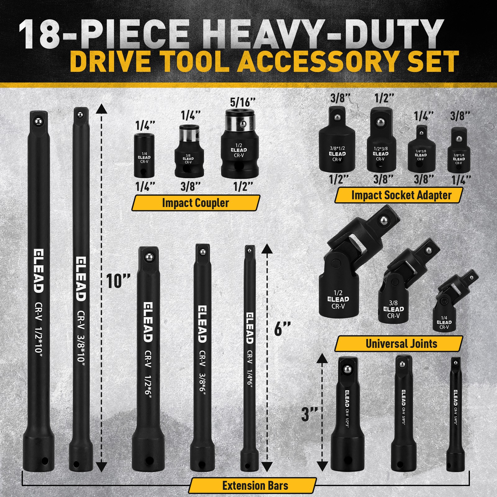 19PC Impact Socket Extension Bar Set Adapter Swivel Joints Gloves 1/4″ 3/8″ 1/2″
