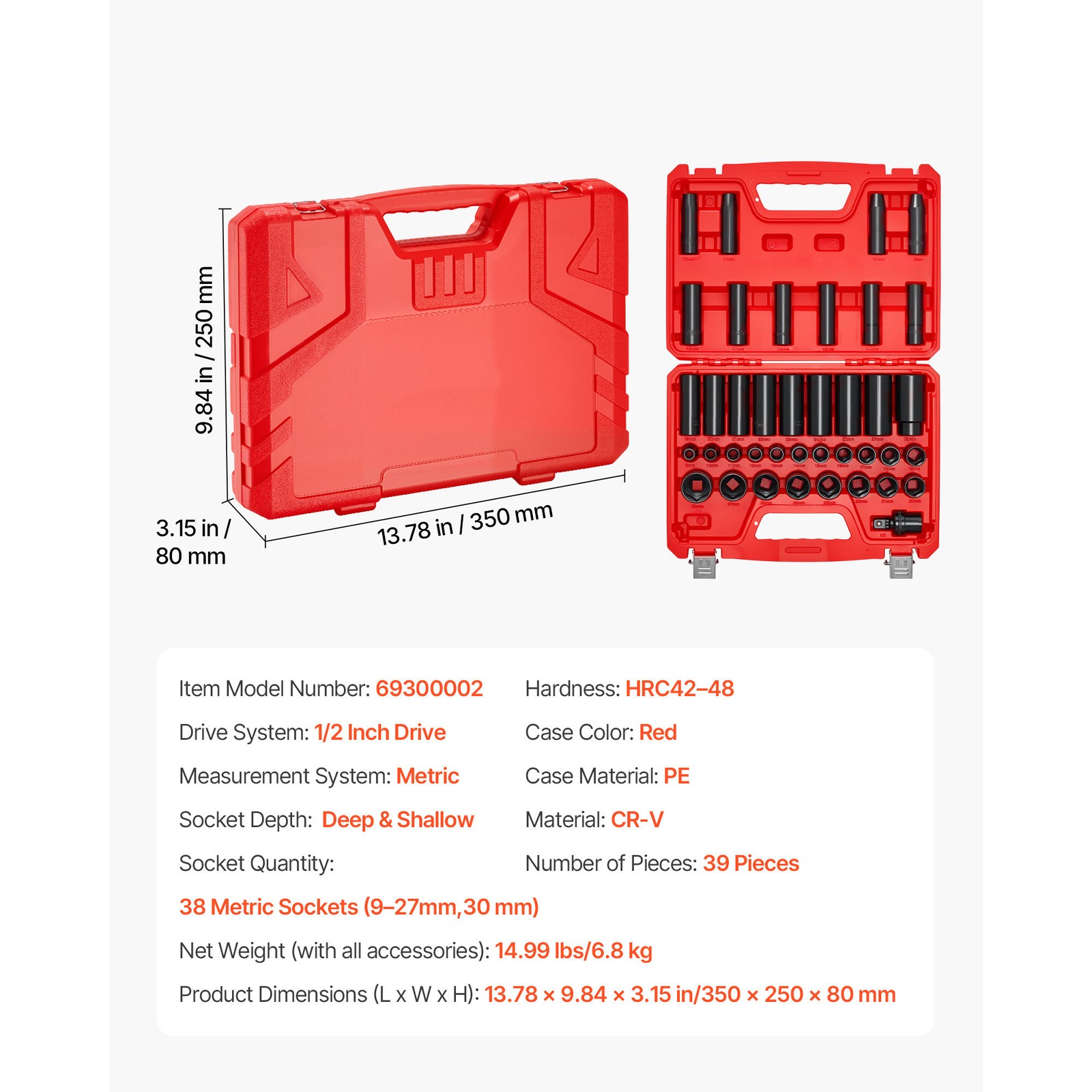 Uimoso 39-Piece 1/2 Inch Drive Impact Socket Set with Metric Sizes 9-30 mm