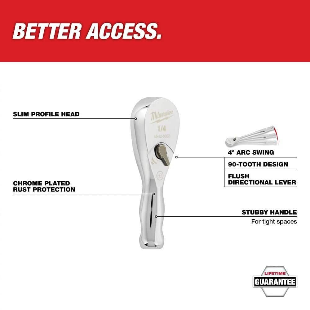 Milwaukee 48-22-9003 1/4″ Dr 3in Stubby Ratchet w/ 4 Arc Swing