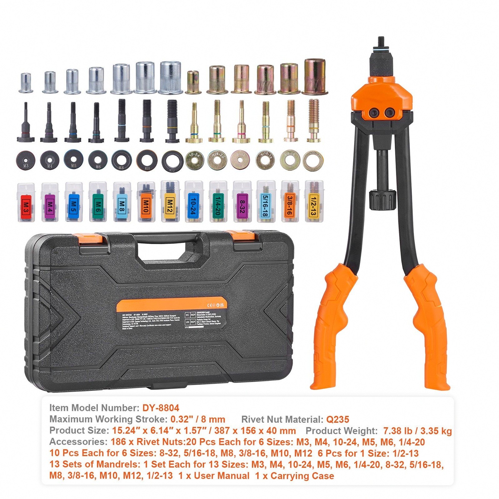 Tool-Free Rivet Nut Set 16in 13 Sizes 186 Rivet Nuts
