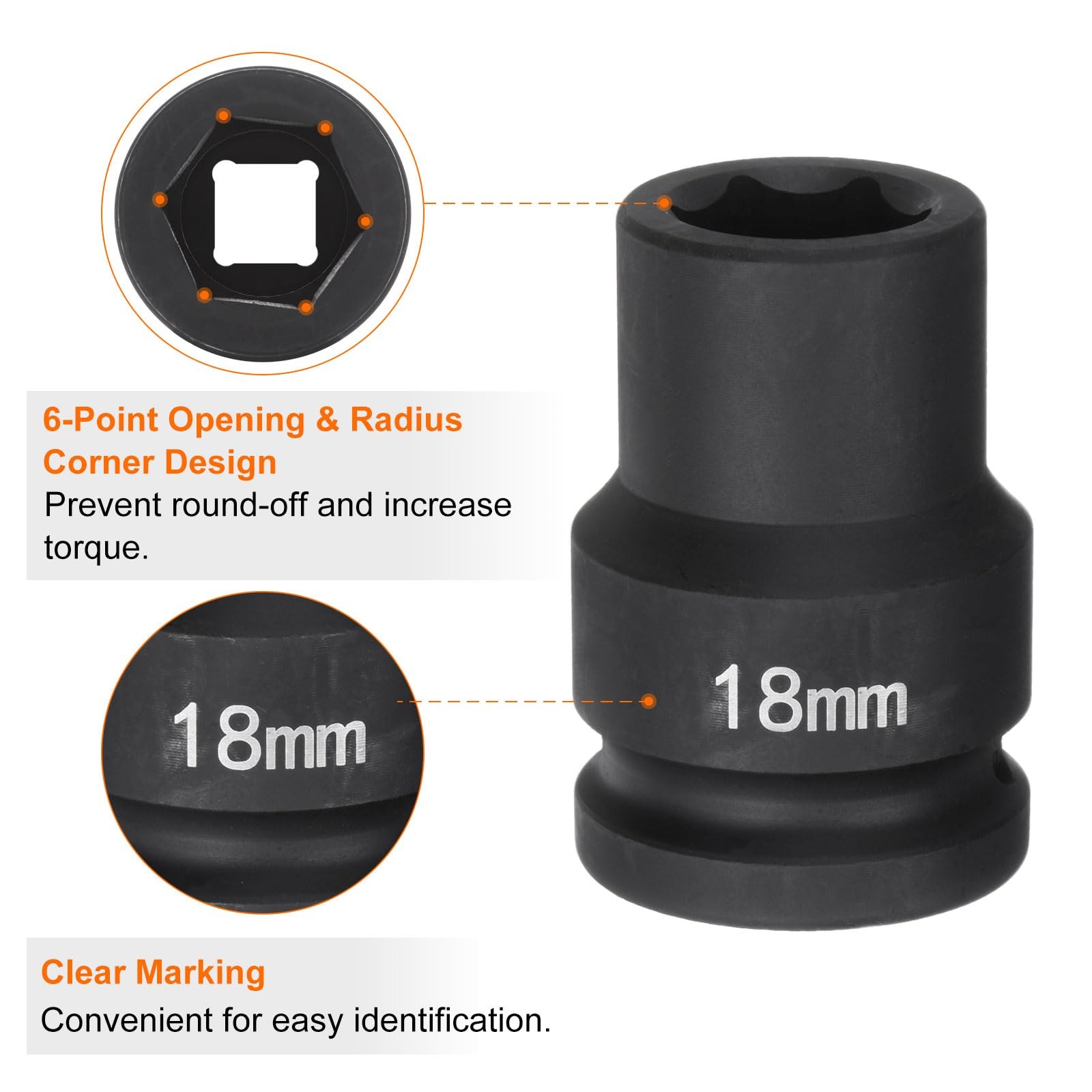 HARFINGTON 6-Point Impact Socket 3/4″ Drive 18mm Metric 40Cr Alloy Steel