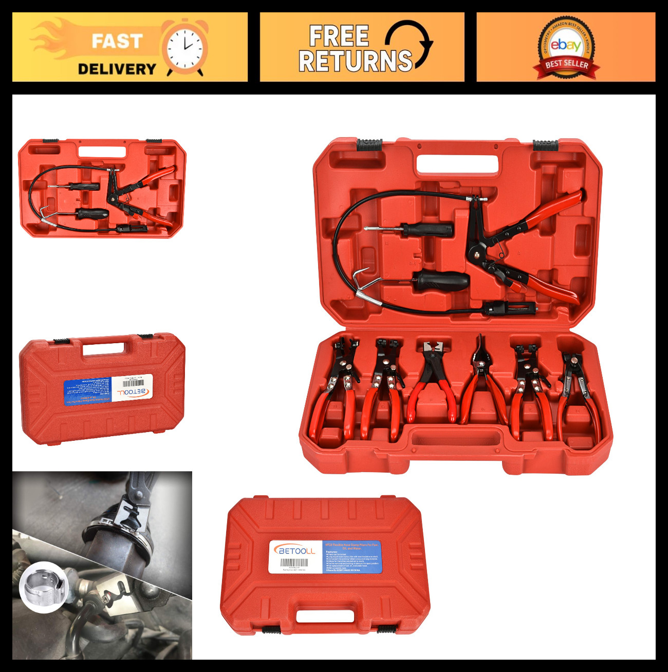 9pc Hose Clamp Pliers Set, Flexible Long Reach Automotive Tools, Clic R Type & F