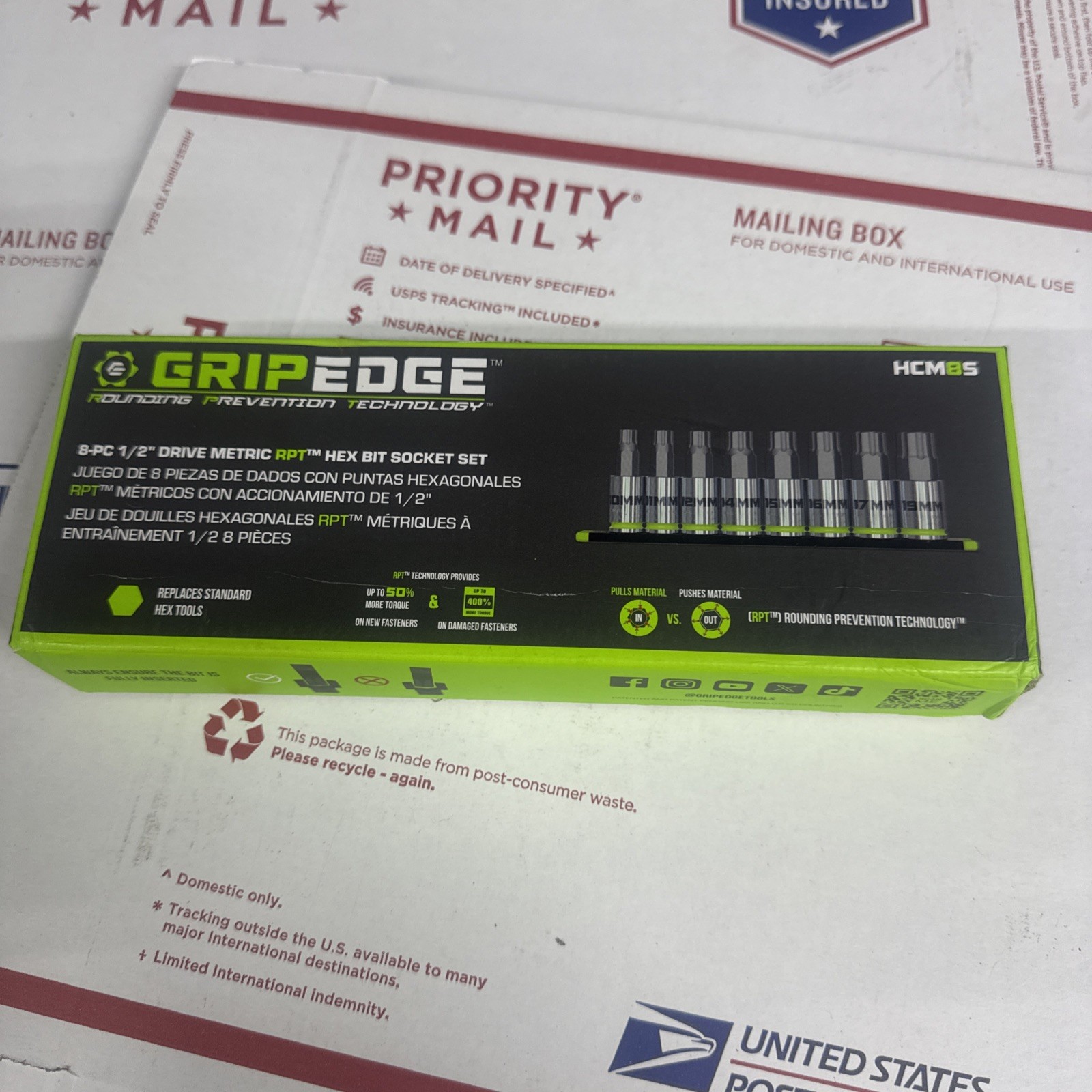 Gripedge HCM8S – 8pc 1/2″ Drive Metric RPT Hex bit socket set Grip Edge HCM8S