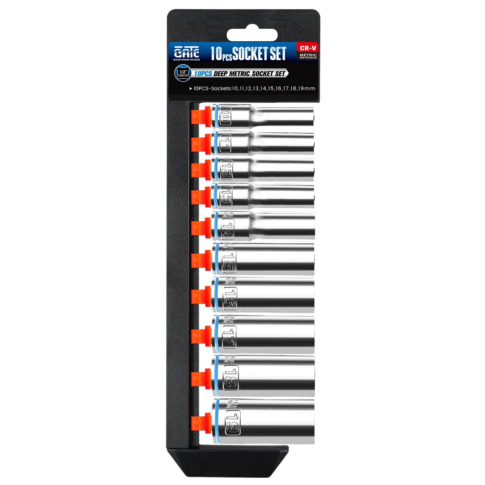 10PCS 1/2” Drive Deep Metric (10mm-19mm) Socket Set, 6-Point, Cr-V Steel