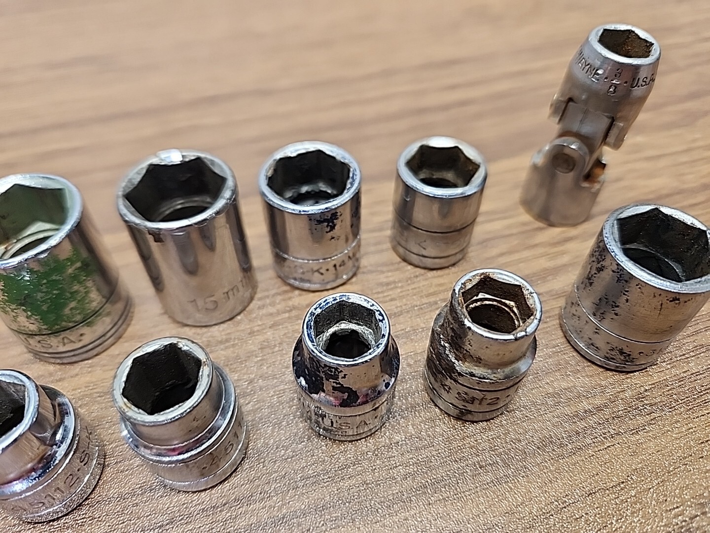 (10) S-K Wayne 3/8″ Drive 6 Point SAE Metric Sockets + 3″ Extension ~ USA Made
