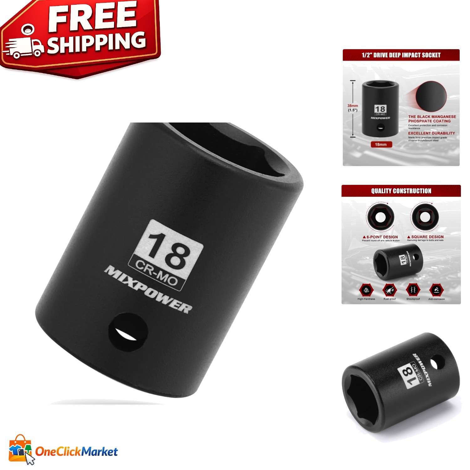 Chrome Molybdenum 18mm Impact Grade Socket for Axle Nuts – Laser Etched