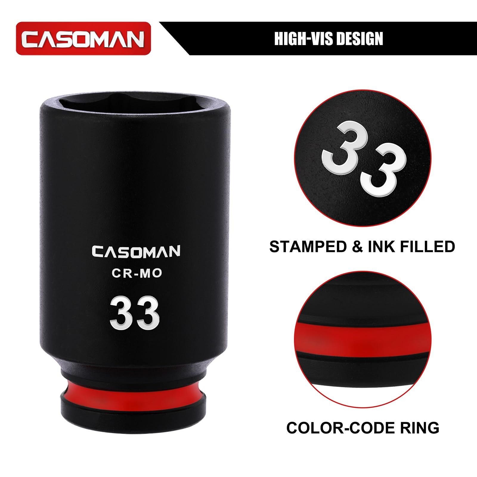 CASOMAN 1/2″ Drive x 33mm Deep Impact Socket, 6-Point, Metric, CR-MO