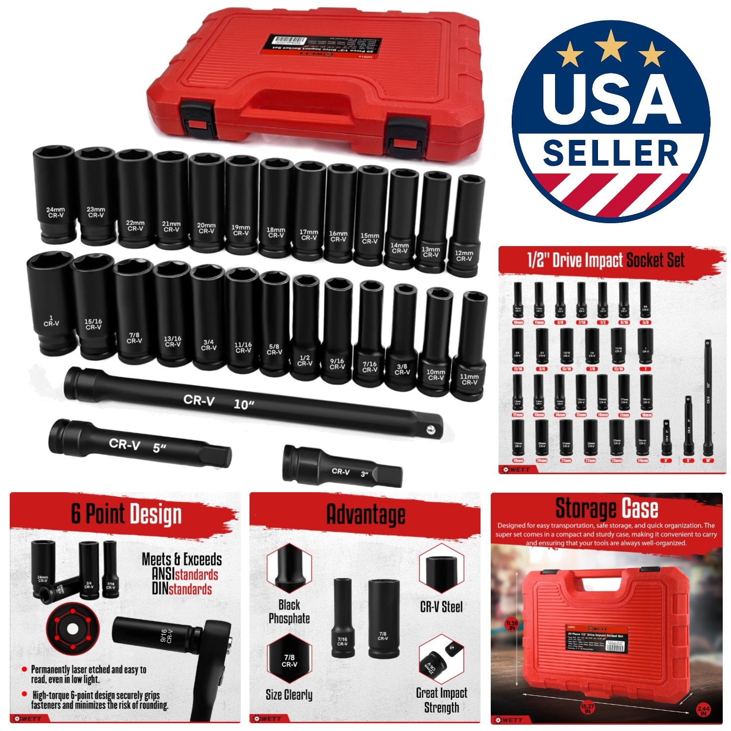 Compact 29-Piece Impact Socket Set with Extension Bars – SAE & Metric Sizes