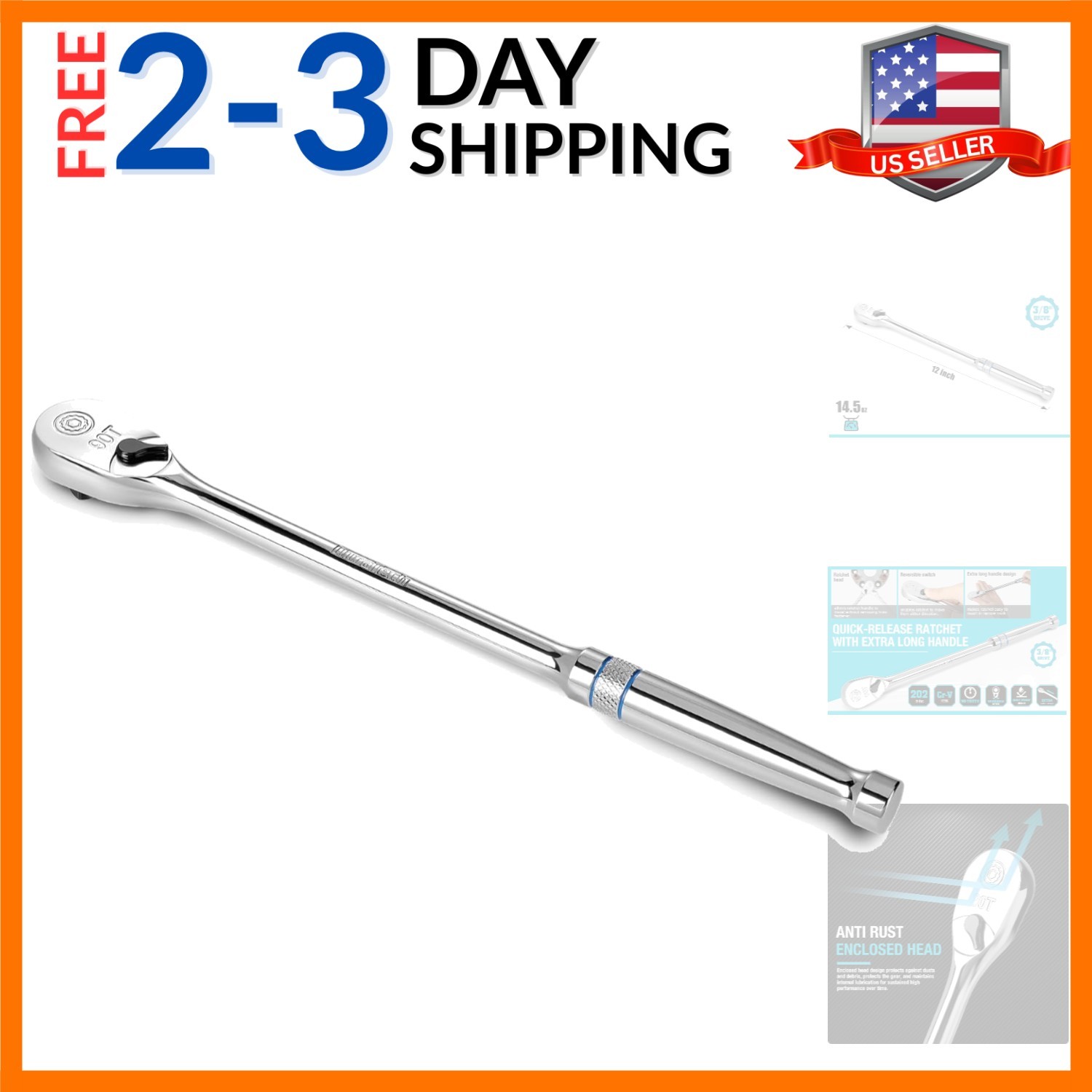 Extra Long Handle 3/8-Inch Drive Ratchet, 90-Tooth Ratchet Wrench with 12″ Ha…