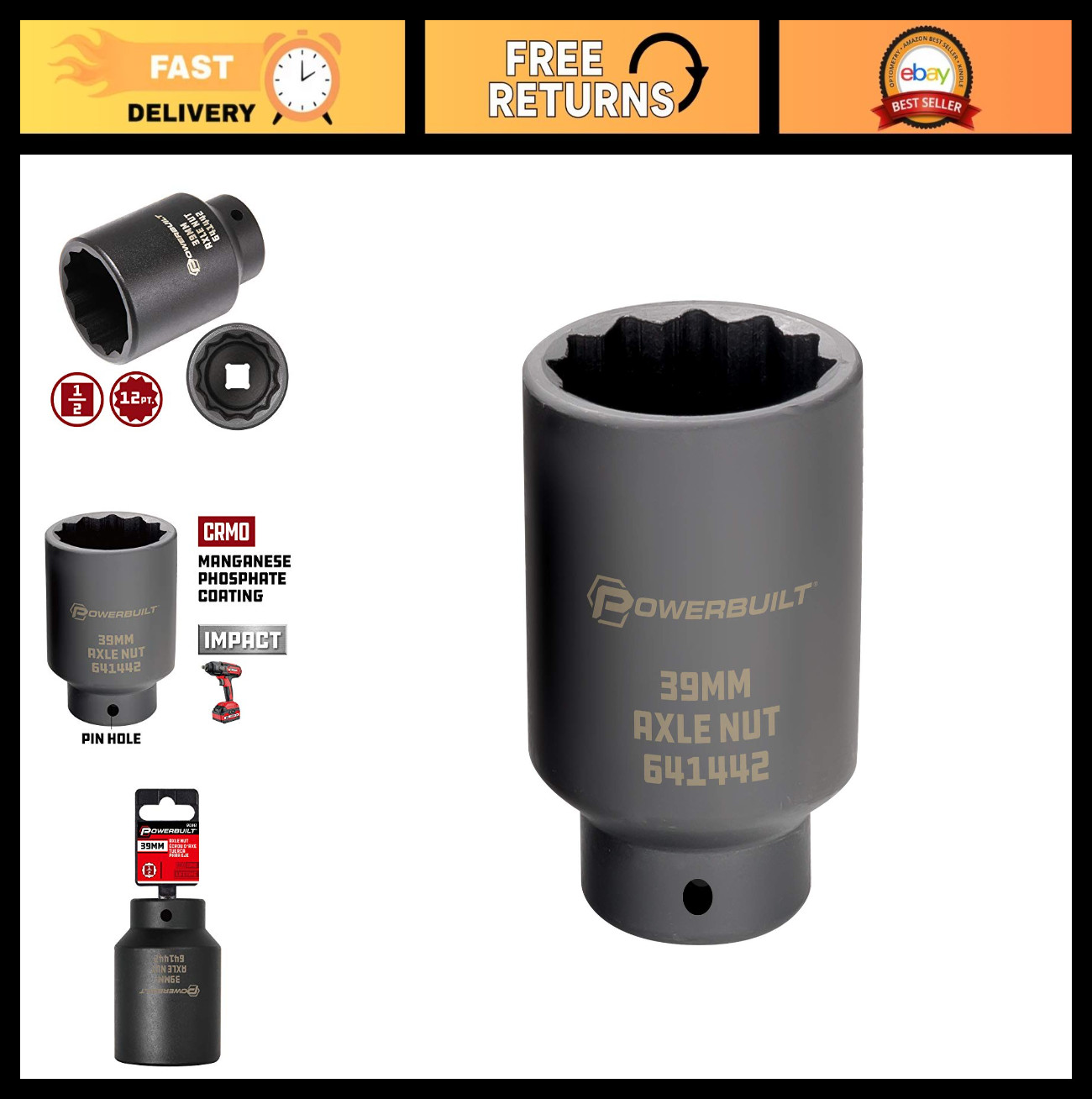 39mm Axle Nut Socket 1/2″ Drive for Impact Wrench, 12 Point Extra Deep Tool