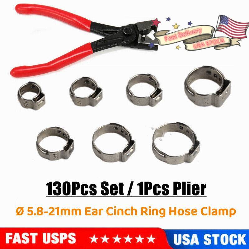 130Pcs Stainless Steel Hose Clamp Set Ear Cinch Rings Crimp Pinch/Plier Assorted