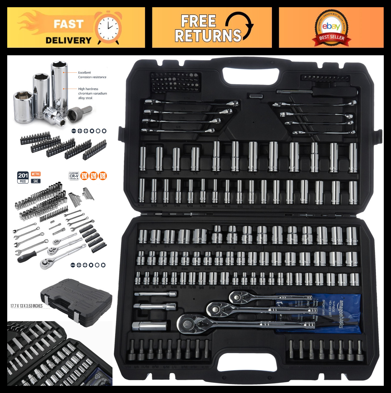 201-Piece Mechanic Socket Tool Set – SAE & Metric, Chrome-Vanadium Steel, Portab