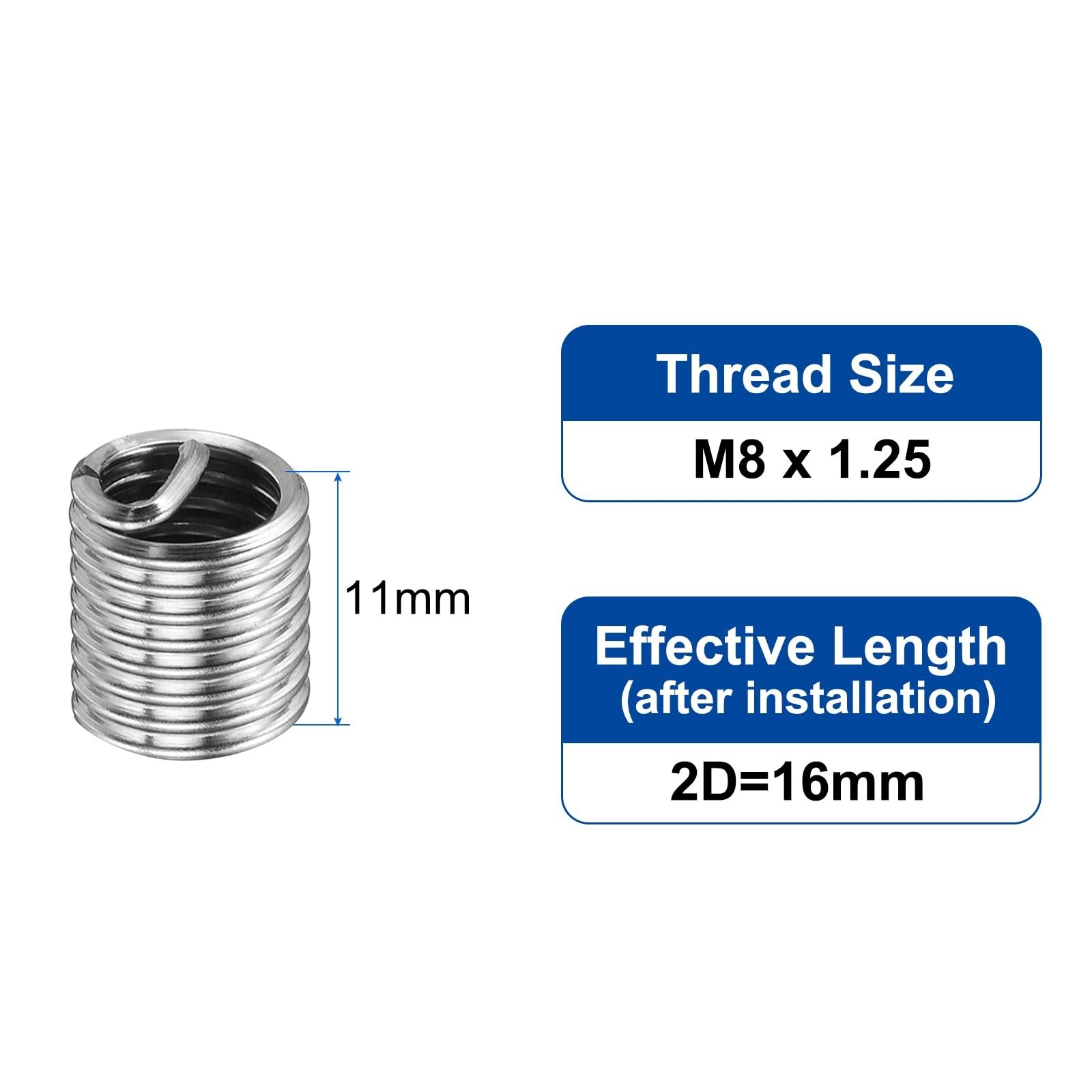 100pcs M8 x 1.25 Wire Thread Inserts 304 Stainless Steel Coiled Repair Kit