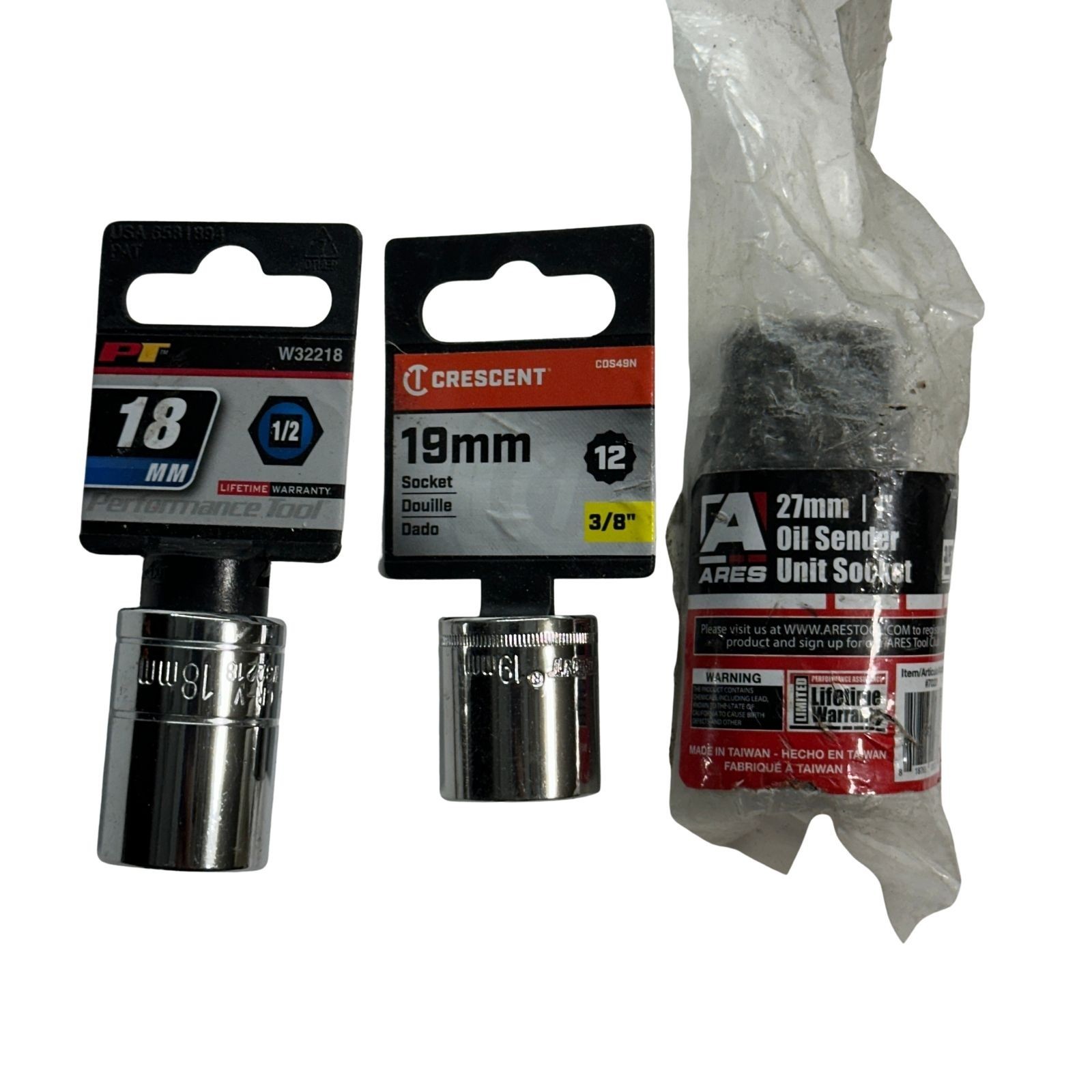 Performance Tool Crescent Ares Sockets 18mm 19mm 27mm 1/2″ and 3/8″ Drive, 3 pcs
