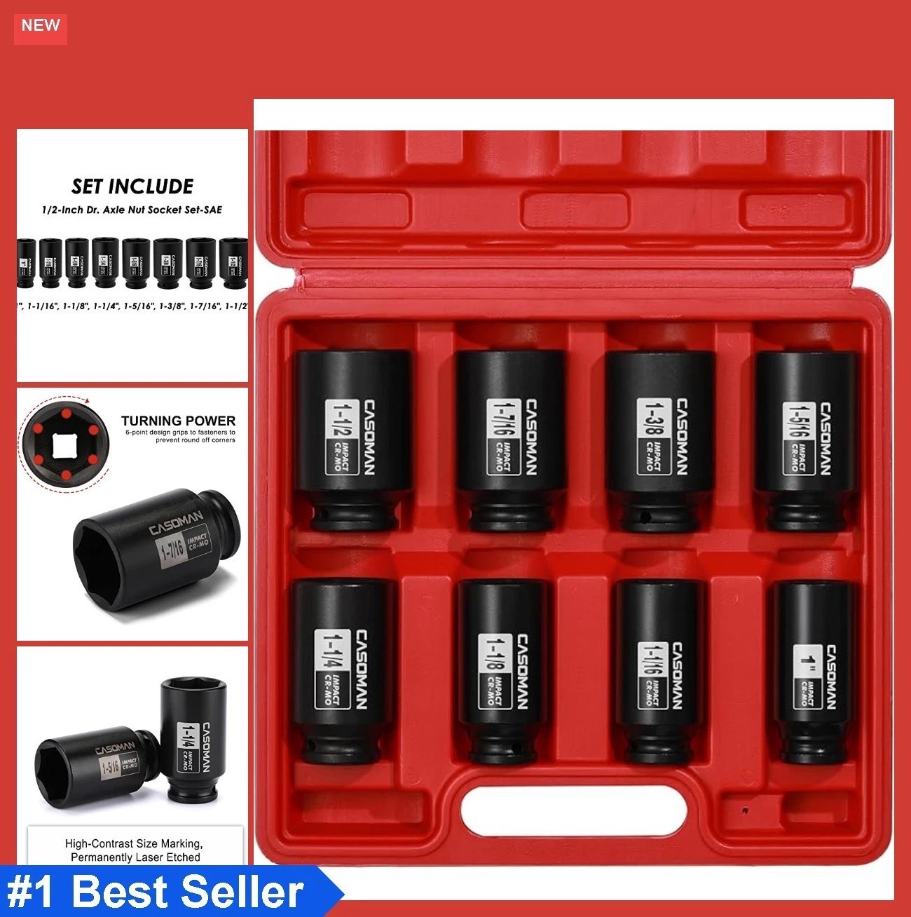 1/2-Inch Drive Deep Axle Nut Impact Socket Set 8 Piece SAE 6 Point CR-MO