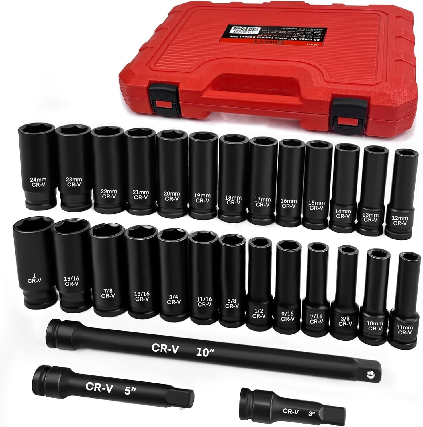 Professional 29-Piece Impact Socket Set with Easy-Read Sizes & Extension Bars