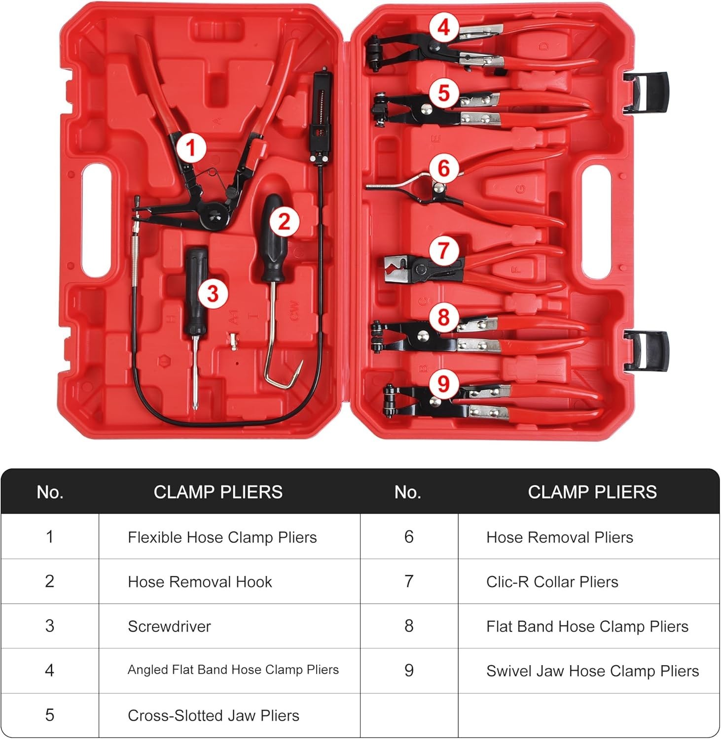 9Pc Hose Clamp Clip Remover Pliers Wire Long Reach Kit Fuel Oil Water Hose Tool