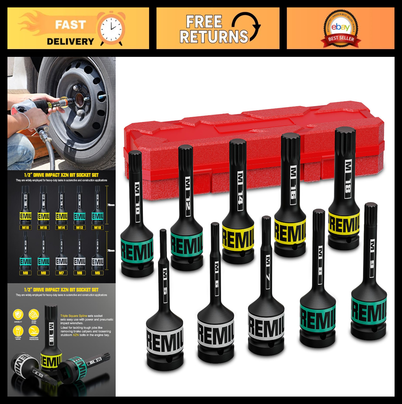 10-Piece 1/2″ Drive Impact Triple Square Bit Socket Set, M5-M18, Cr-Mo Steel