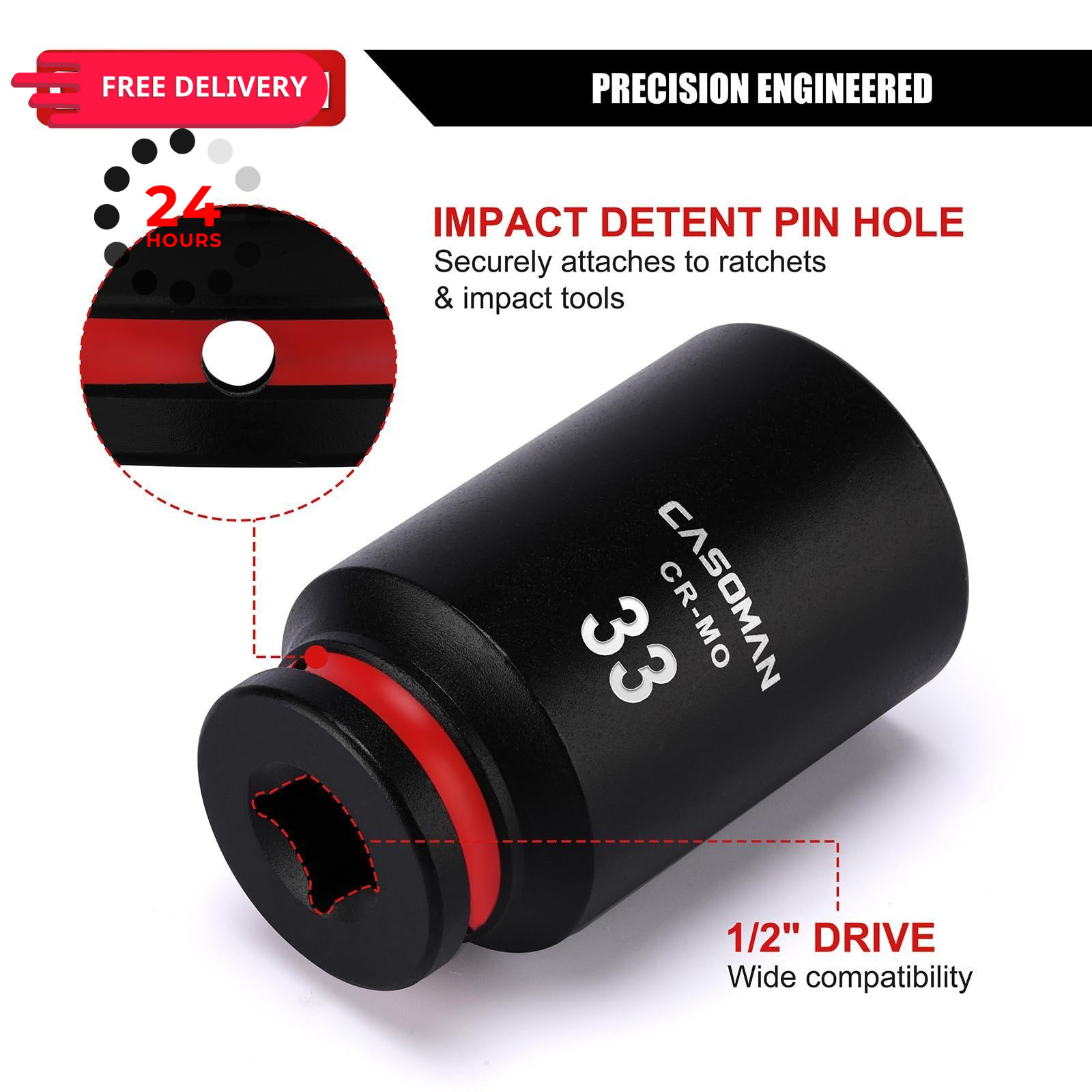 CASOMAN 1/2″ Drive x 33mm Deep Impact Socket, 6-Point, Metric, CR-MO