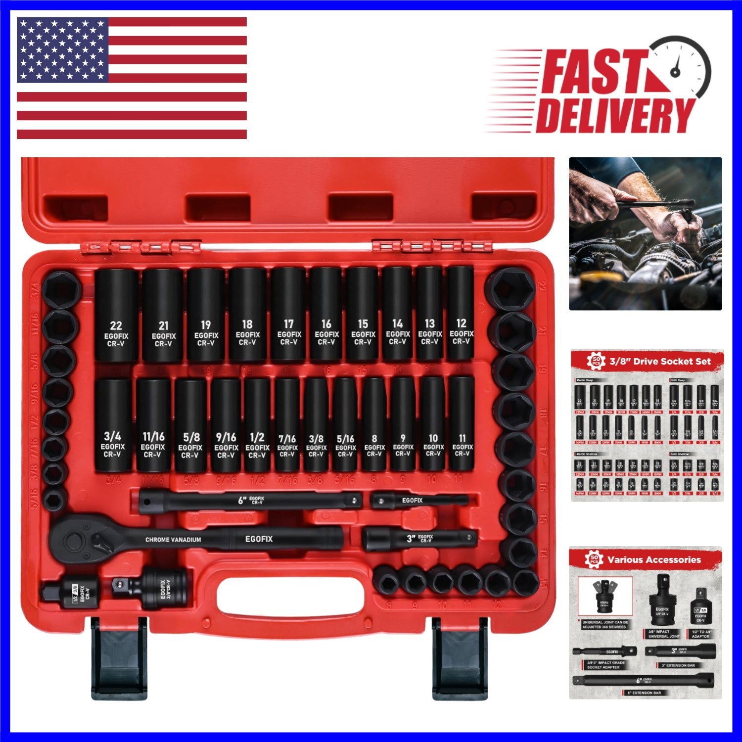 Complete 50-Piece Cr-V Steel Socket Set – 6-Point Design for Ultimate Grip