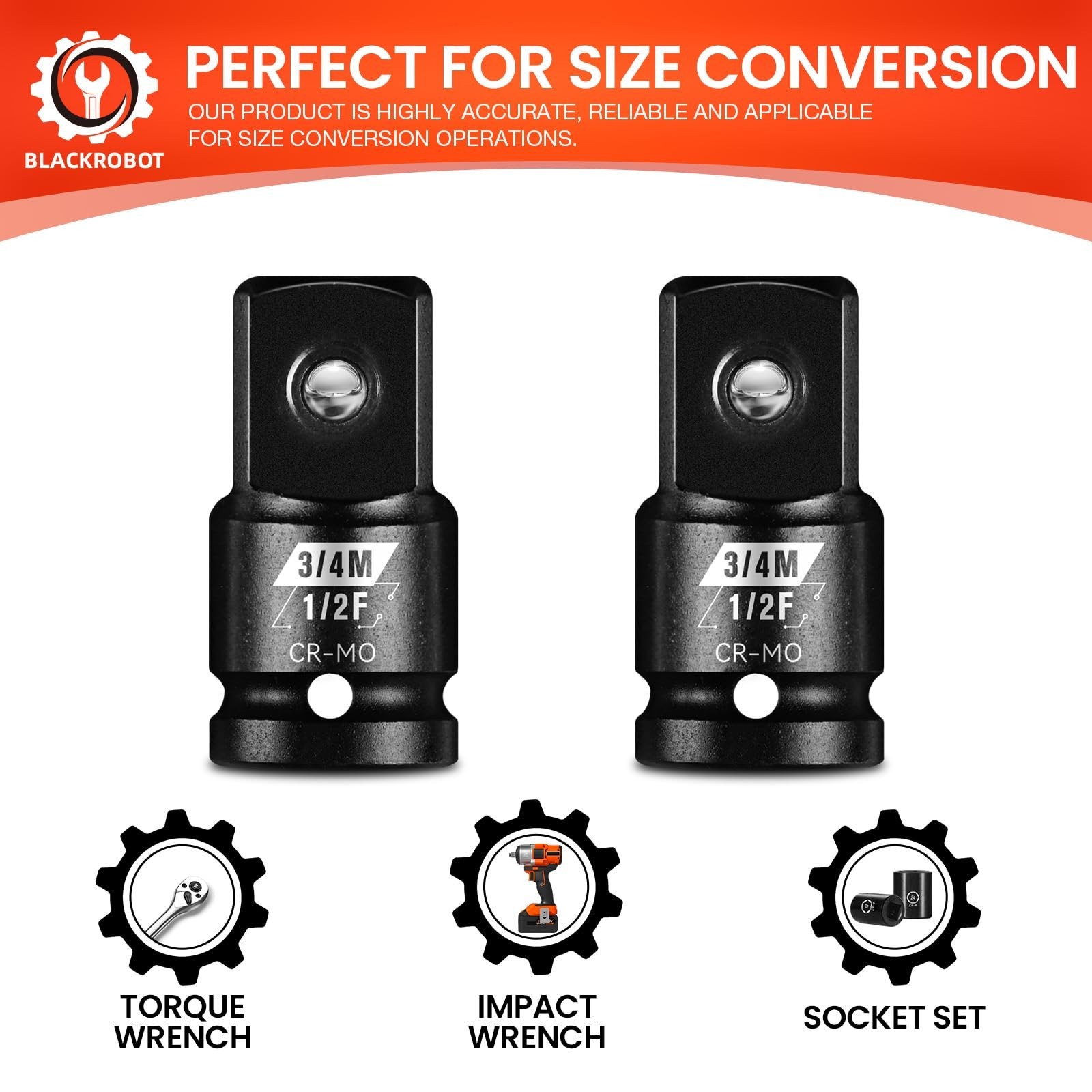 2 Pack 1/2″ F to 3/4″ M Impact Socket Adapter Set, Cr-Mo Steel, SAE Drive Reduce