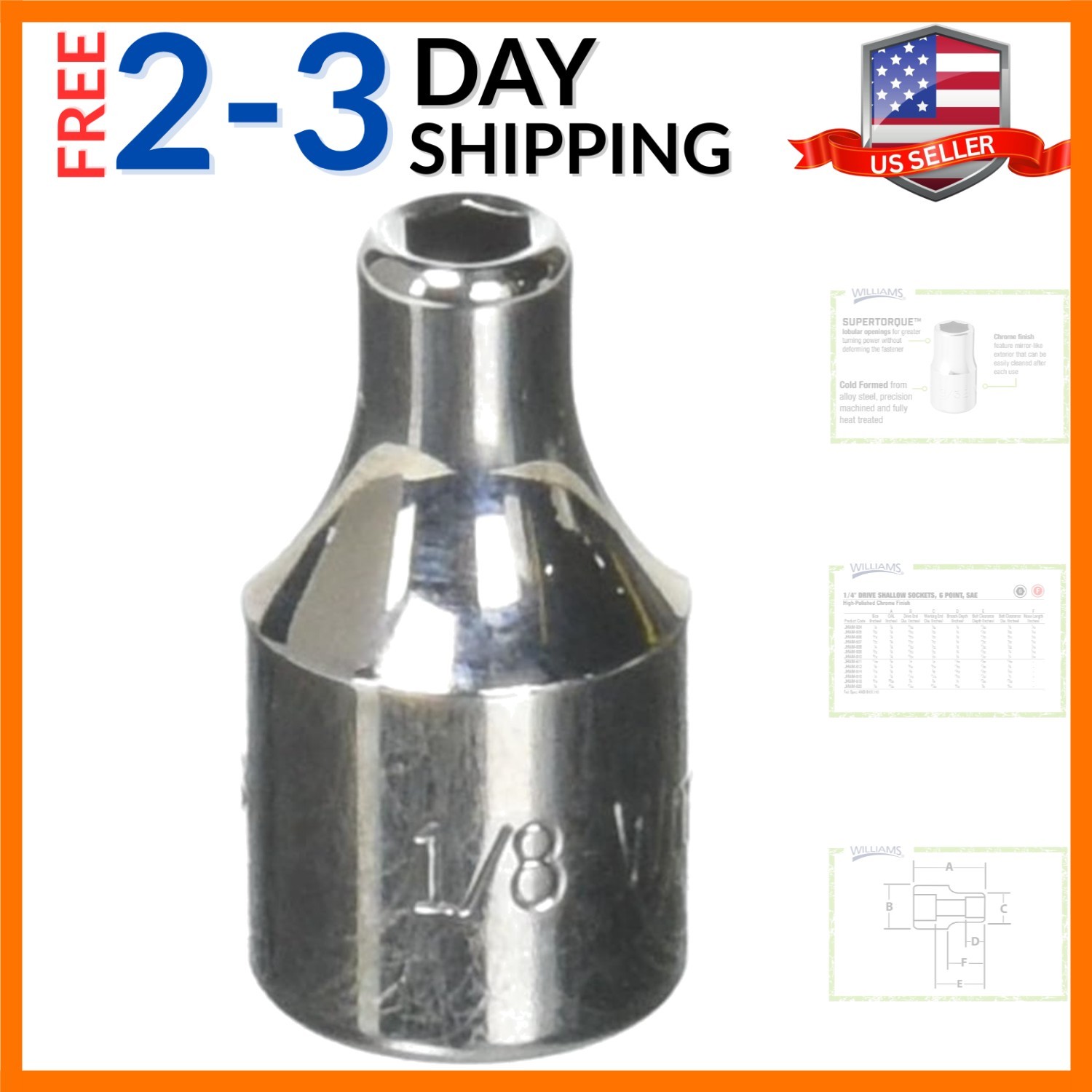 JHWM-604 1/4-Inch Drive Shallow SAE Socket 1/8-Inch Size, High-Polished Chrom…