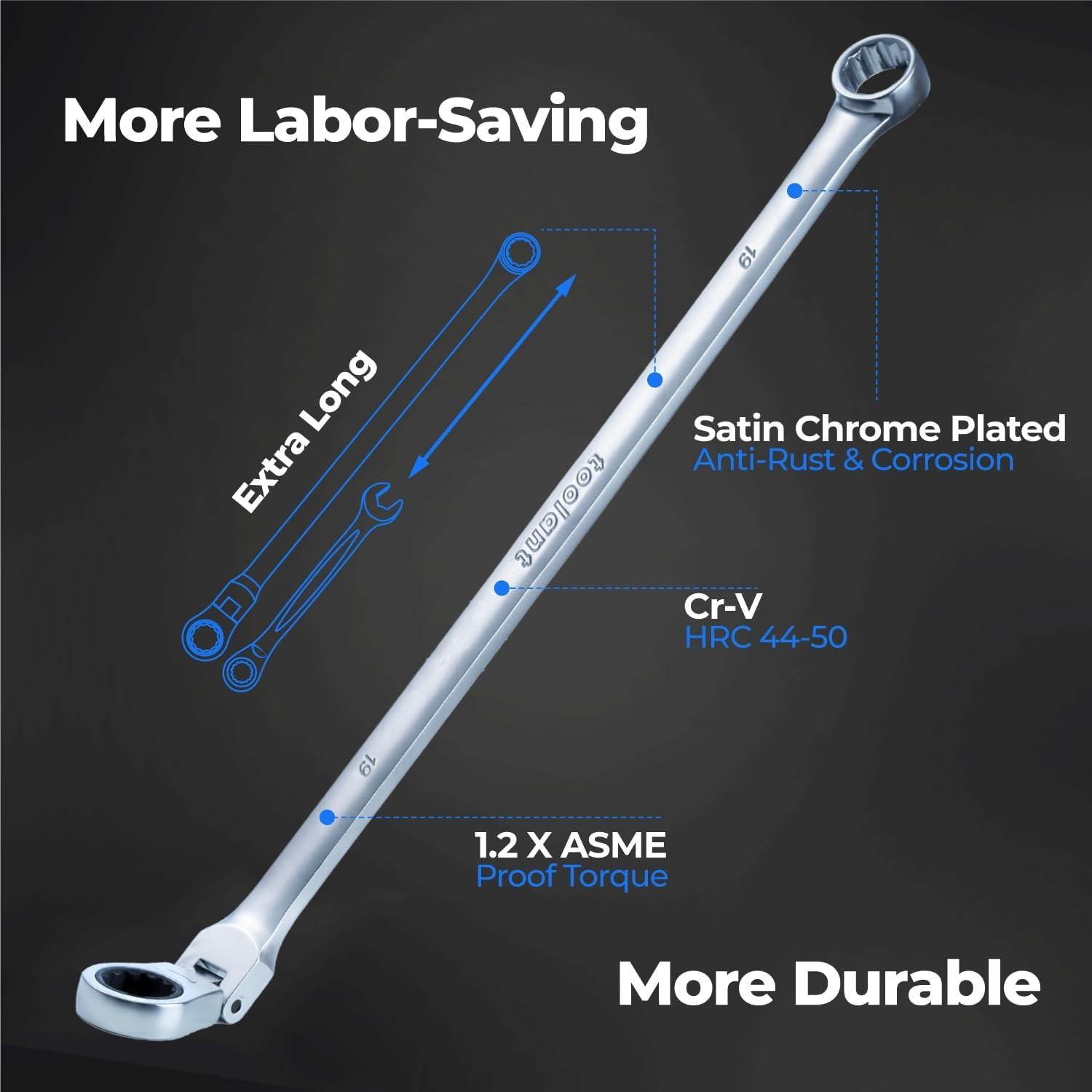 10mm Extra Long Ratcheting Wrench, Flex Head & Fixed Offset Head Double Box End
