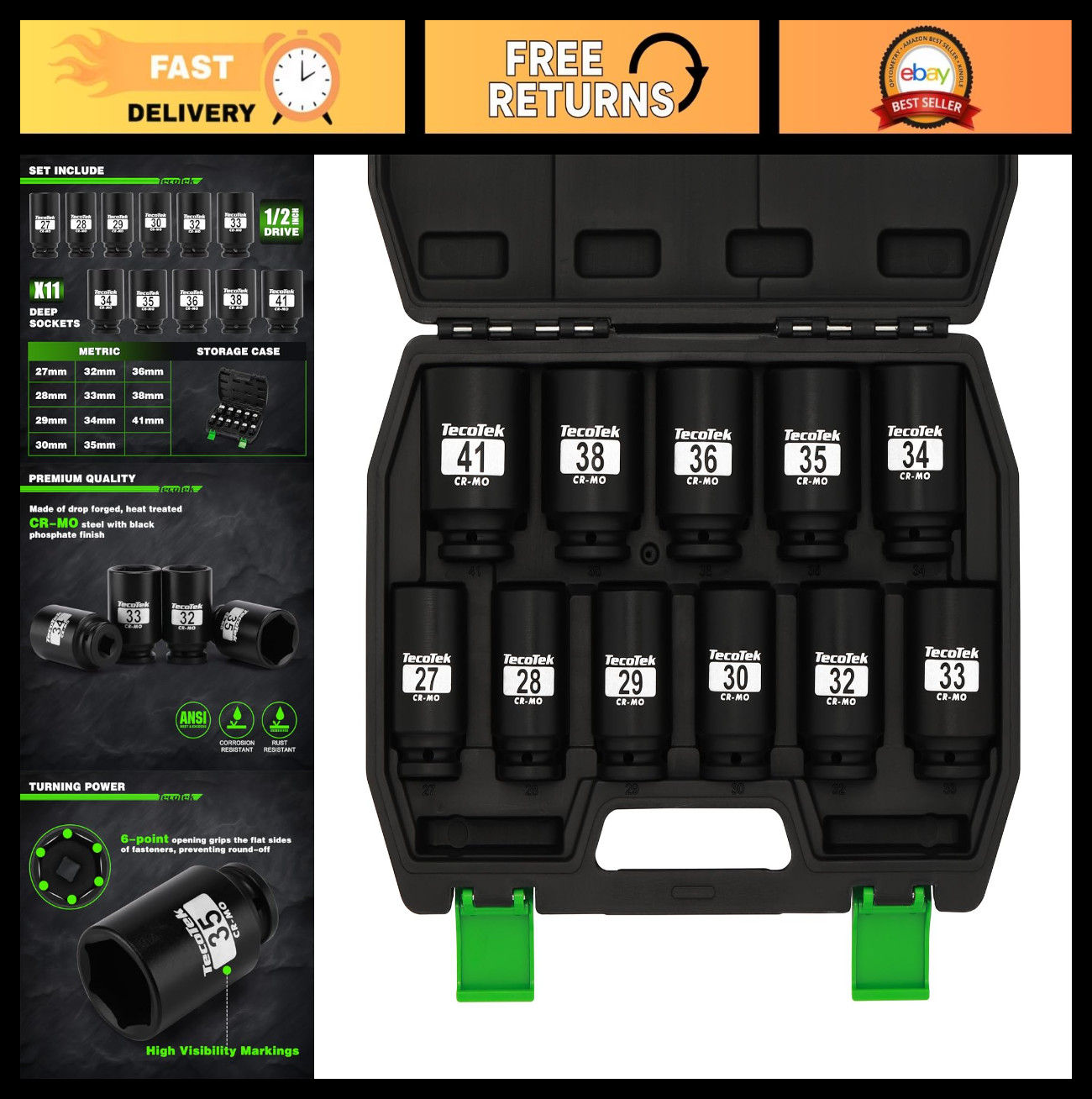 11-Piece 1/2″ Drive Deep Impact Socket Set, 6-Point Cr-Mo Metric Axle Nuts 27mm-