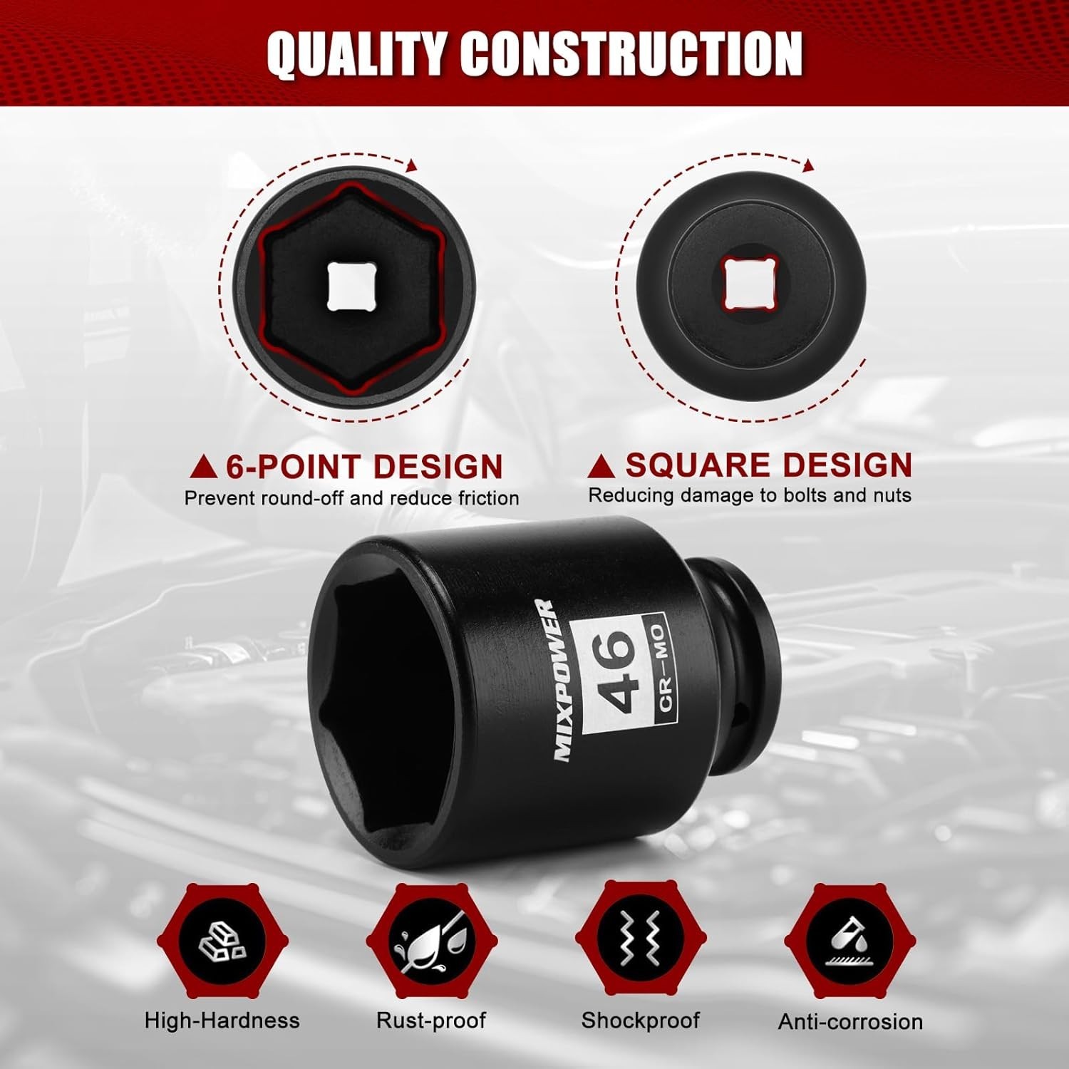 6 Point Deep Impact Socket, 46mm Size, High-Torque Chrome Moly Steel Design