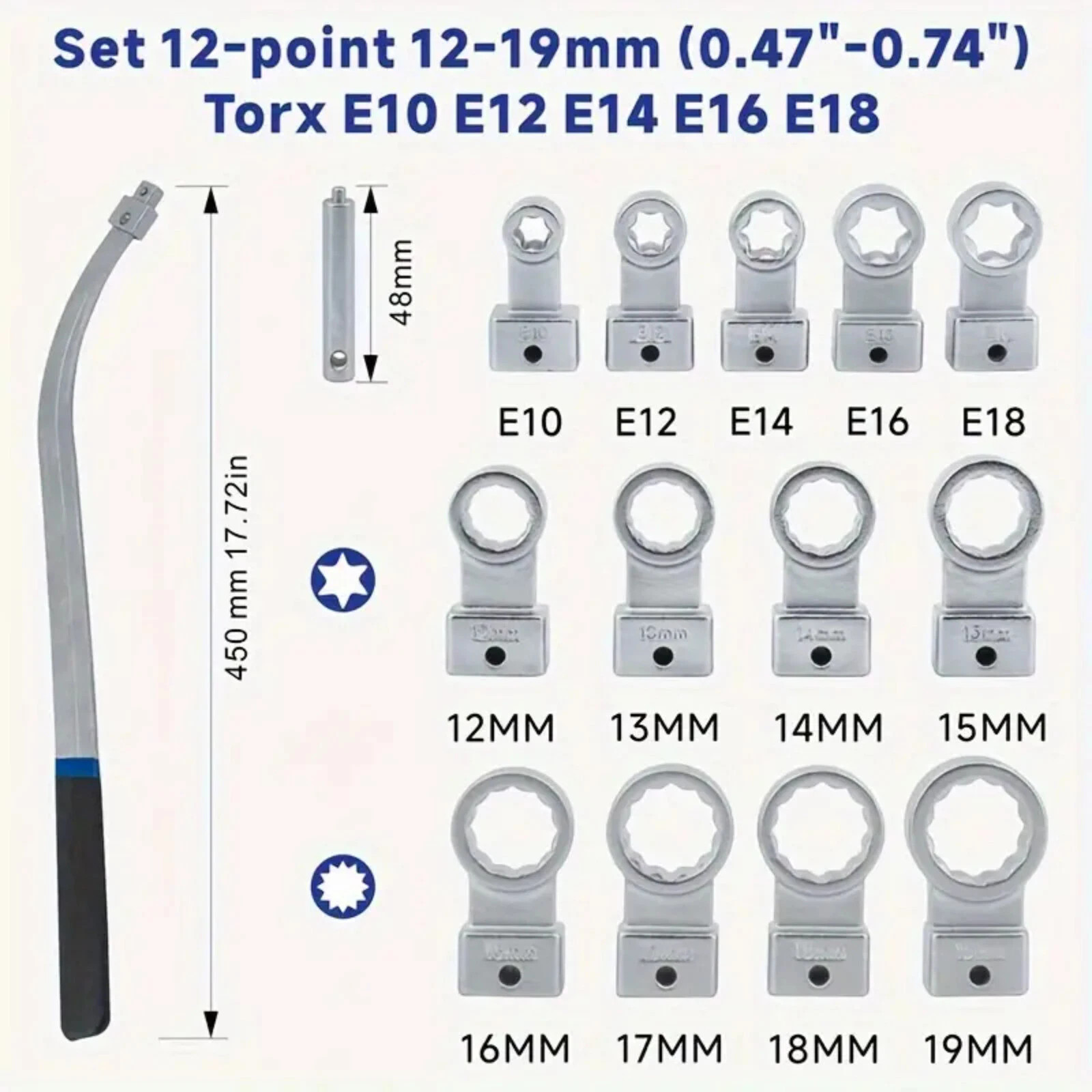 15PC Auxiliary Belt Tensioner Pulley Wrench 12-19mm Screw Removal Tool E10-18