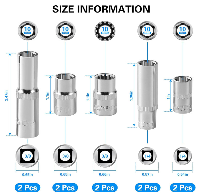 Juego de 10 Dados de Impacto 10mm 1/4» y 3/8» Cromado Espejo