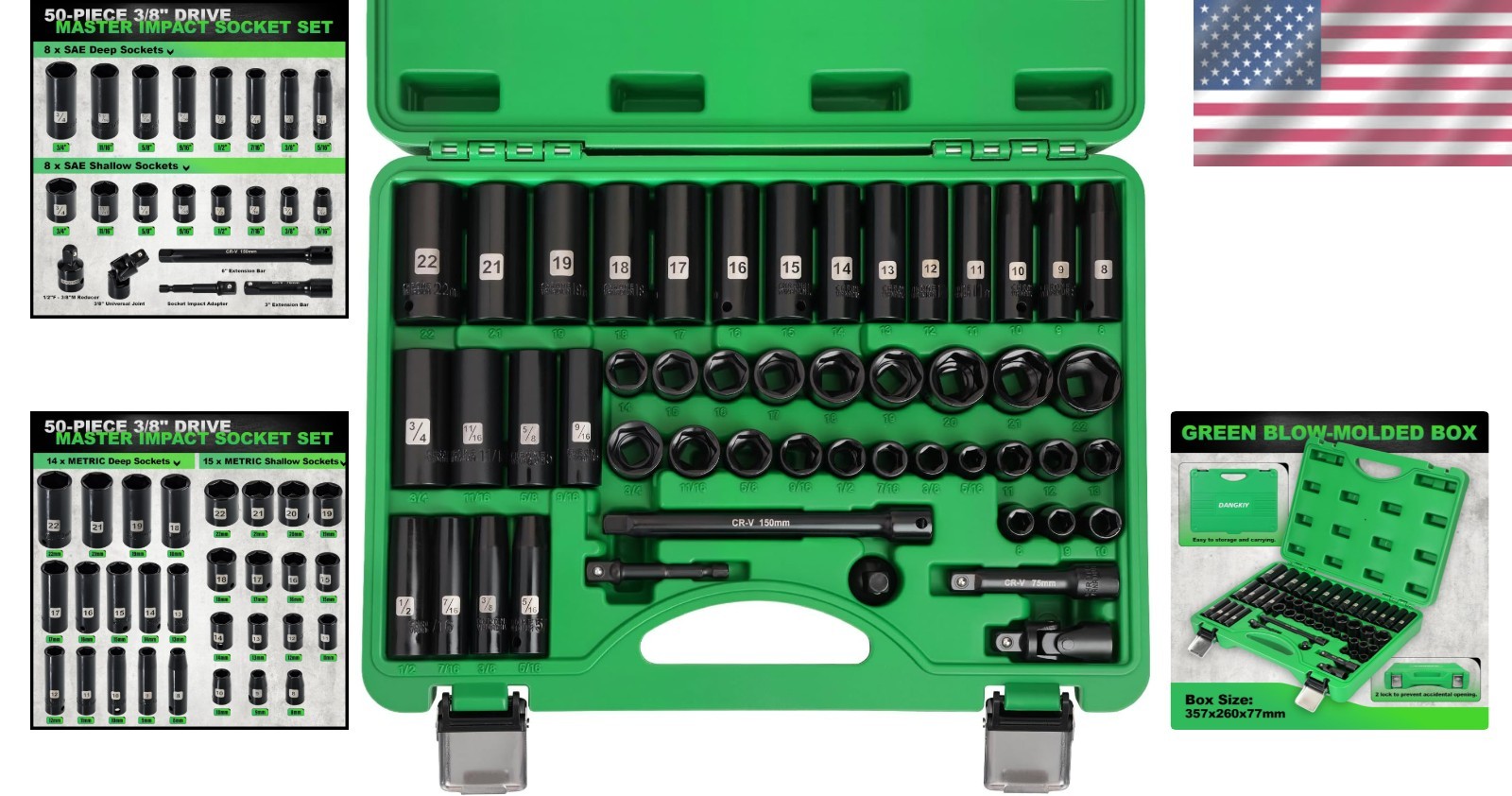 3/8″ Drive Impact Socket Set, 50 Piece Standard SAE 5/16 to 3/4 inch and Metr…