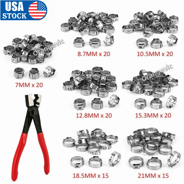 130/100PCS Hose Clamp Assorted Stainless Steel Ear Cinch Rings Crimp Pinch Set