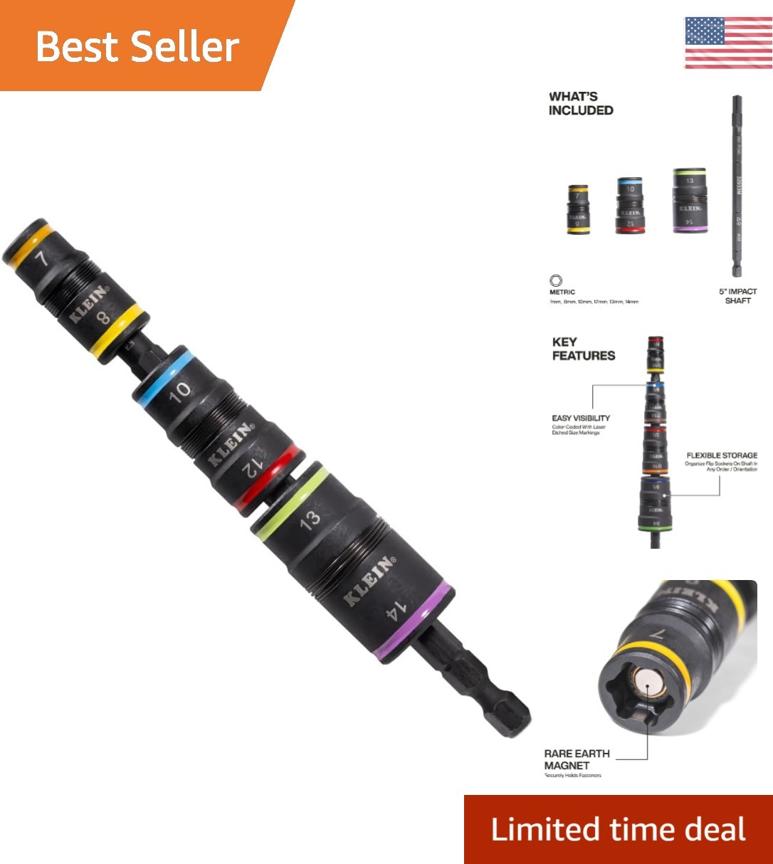 Versatile 6-in-1 Metric Impact Socket Set with Color-Coded Sizes, 5-Inch Shaft