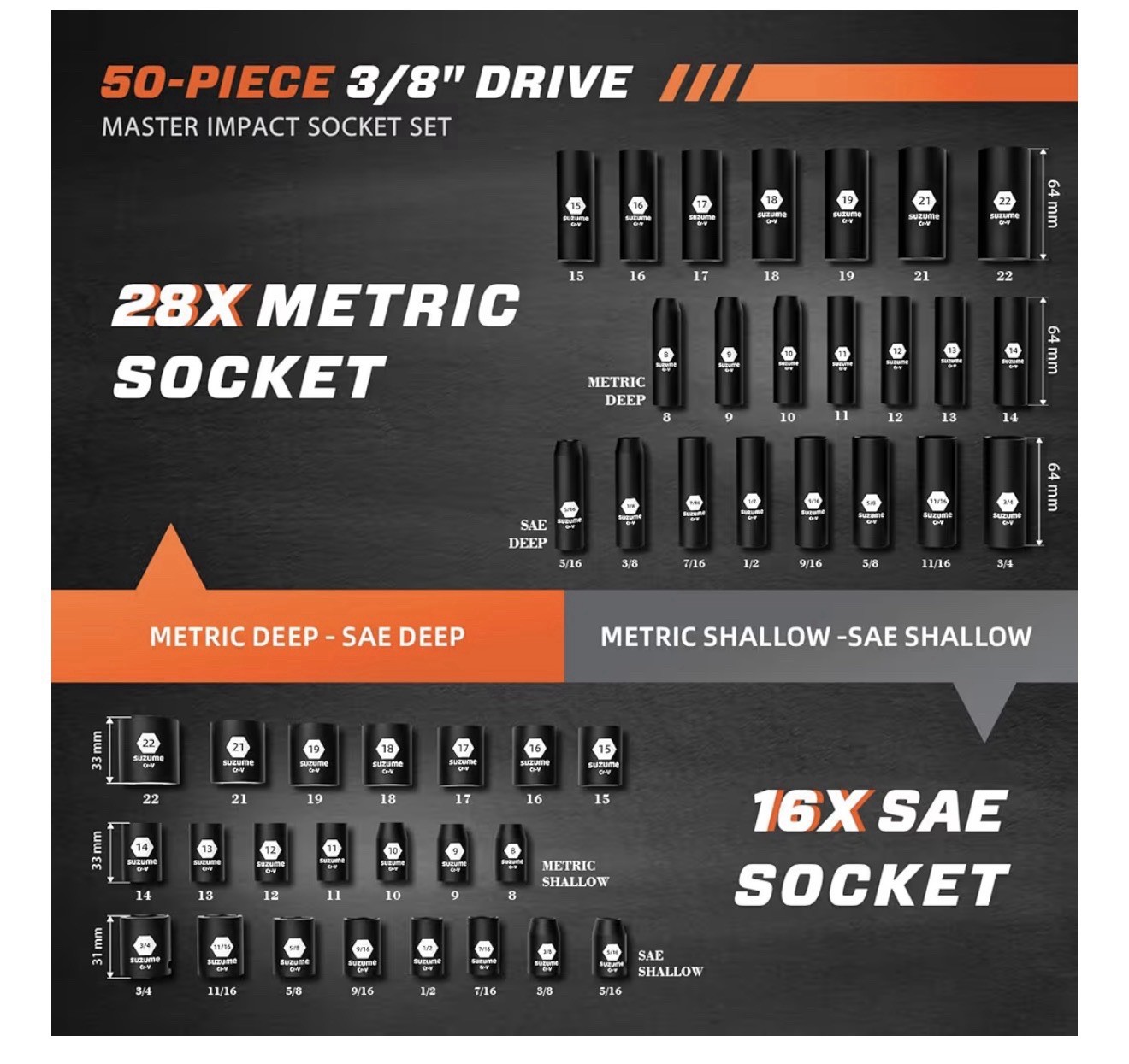 SUZUME 3/8 Impact Socket Set, Cr-V Steel, 6 Point, 3/8″ Drive, 50-Piece