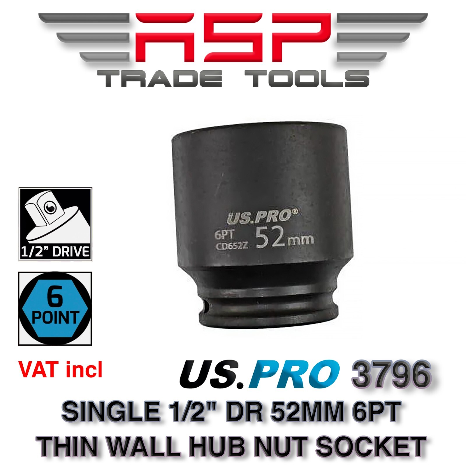 US PRO TOOLS 1/2″ DR 52MM 6PT THIN WALL HUB NUT SOCKET HRC 45, 42 CR-MO 3796