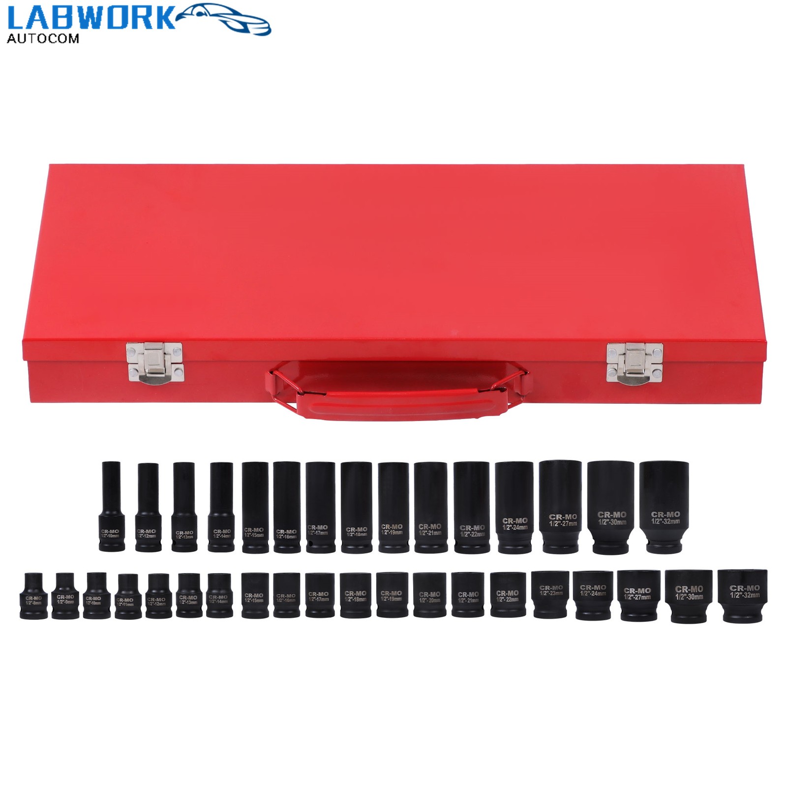 35PCS 1/2″ Deep Impact Socket Set Drive 6 Point Metric Garage Tool 8 – 32mm