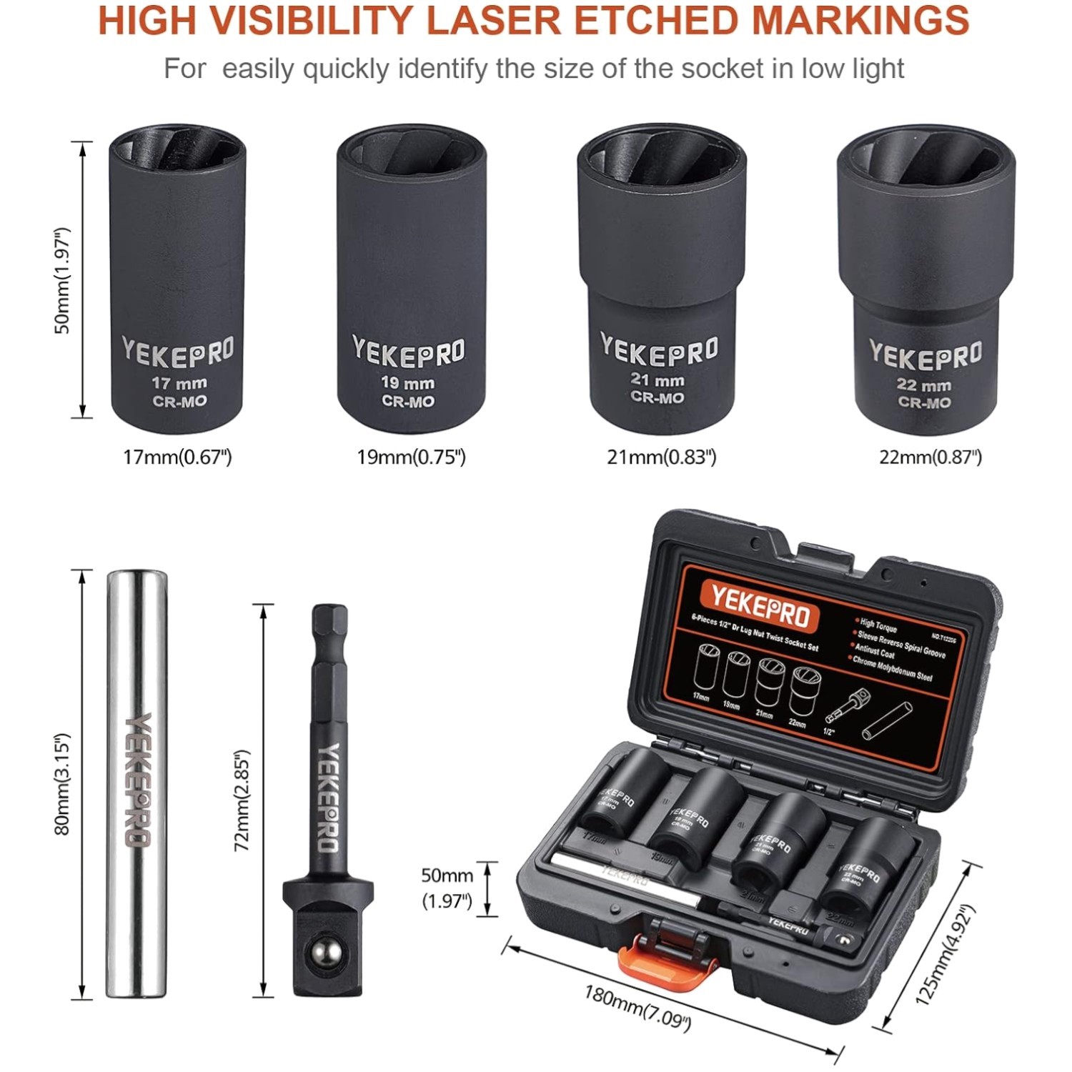 6PCS Lug Nut Extractor Set, 1/2″ Drive, Impact Twist Socket