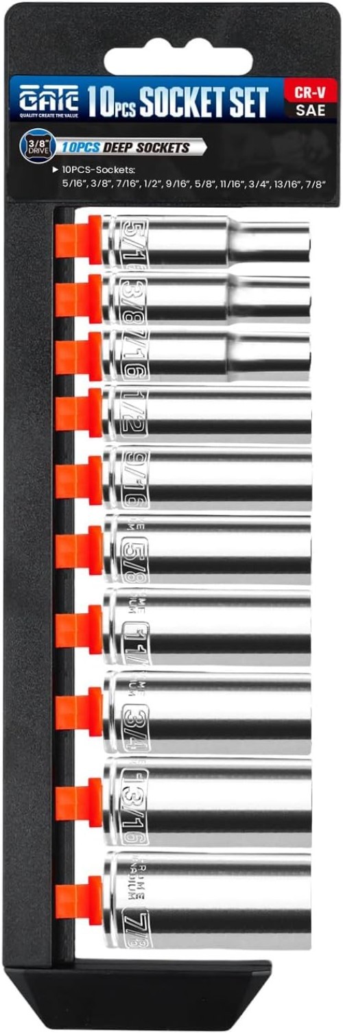 Complete 10-Piece SAE Deep Socket Set – 3/8 Drive, Chrome Finish & Mounting Rack