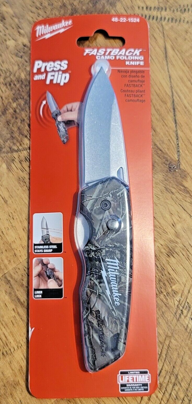 Milwaukee Camo Press-N-Flip Fastback Folding Pocket Knife w/ Clip #48-22-1524