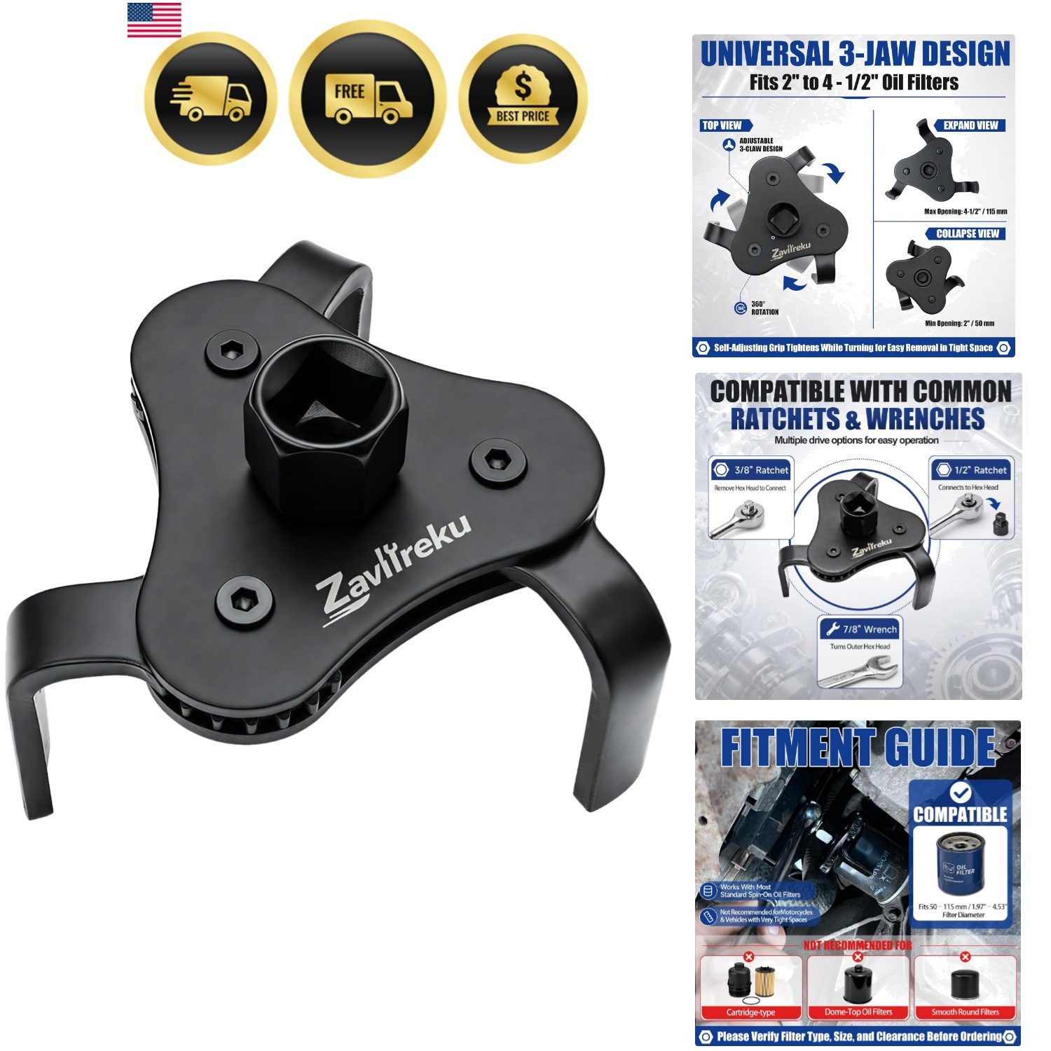 Universal Oil Filter Wrench Adjustable, Heavy Duty 3-Jaw Oil Filter Removal T…