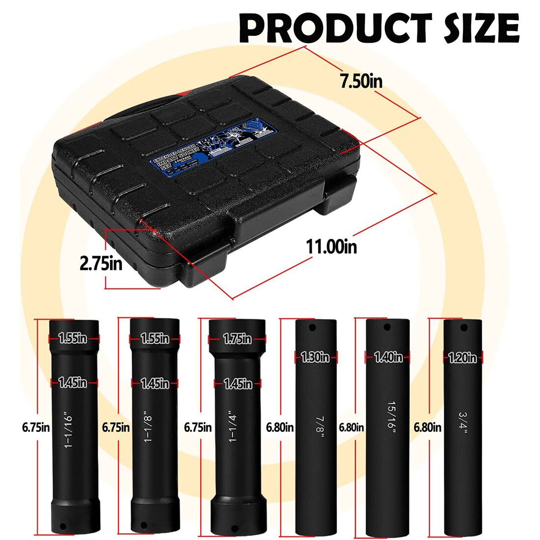 1/2» Drive Heavy Duty Extended Length Extra-Deep Length Impact Socket Set 6PCS