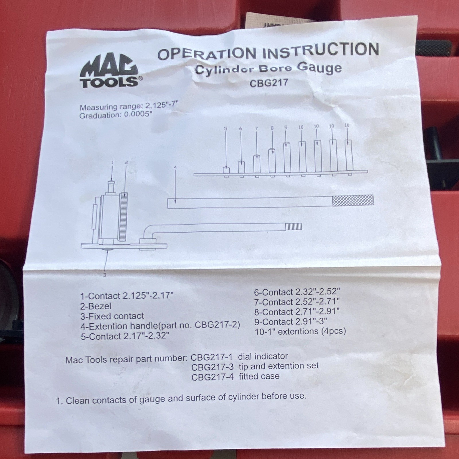 Mac Tools Cylinder Bore Gauge CBG217 with Case and Instructions Like New Cond