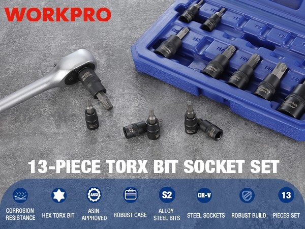 WORKPRO 13PC Torx Bit Socket Set 1/4″ 3/8″ 1/2″ Drive T8-T60 Torx Bit Socket Set