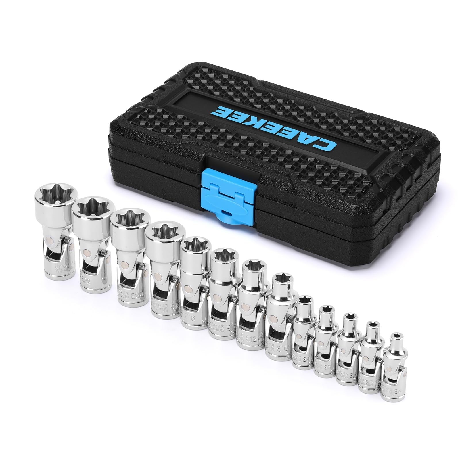 13-Piece Universal External Star Socket Set, 1/4″ & 3/8″ Drive, CR-V, Storage Ca