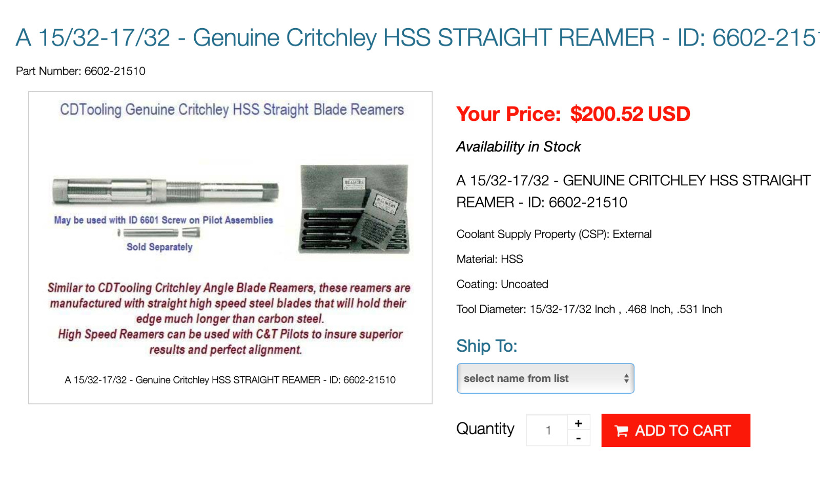 Chadwick & Trefethen 21510 A 15/32″-17/32″ Critchley HSS Straight Blade Reamer