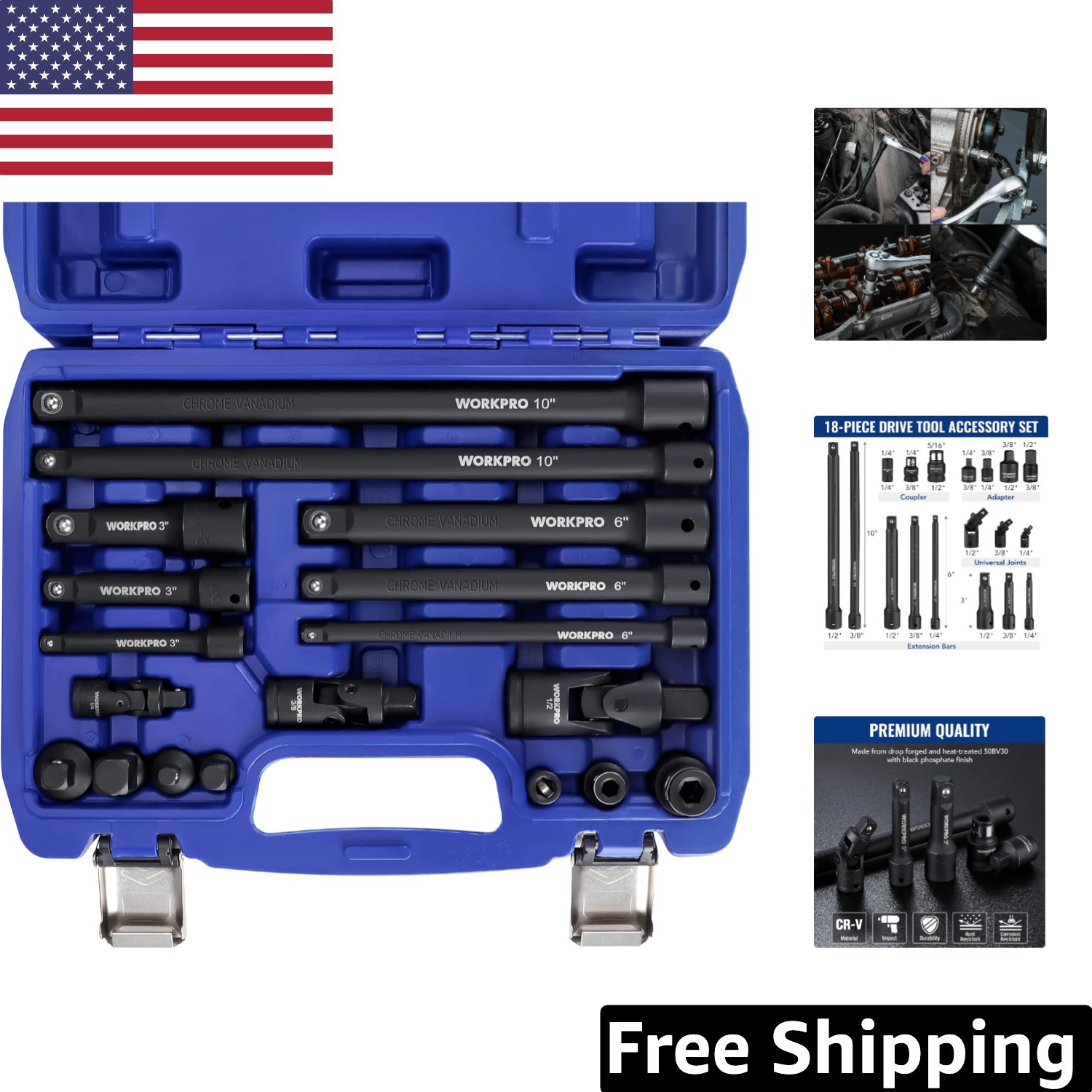 Durable Chrome-Vanadium 18-Piece Socket Extension & Adapter Set – Versatile Use